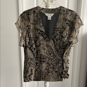 Allison Taylor:tan & Black Wrap Blouse with Ruffled Sleeveless Design.100/silk